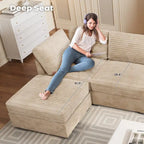 Canapé 3 places en velours gris/noir/beige à assise profonde avec ottoman