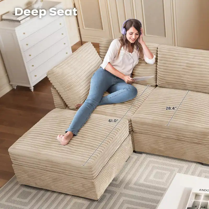 Canapé 3 places en velours gris/noir/beige à assise profonde avec ottoman