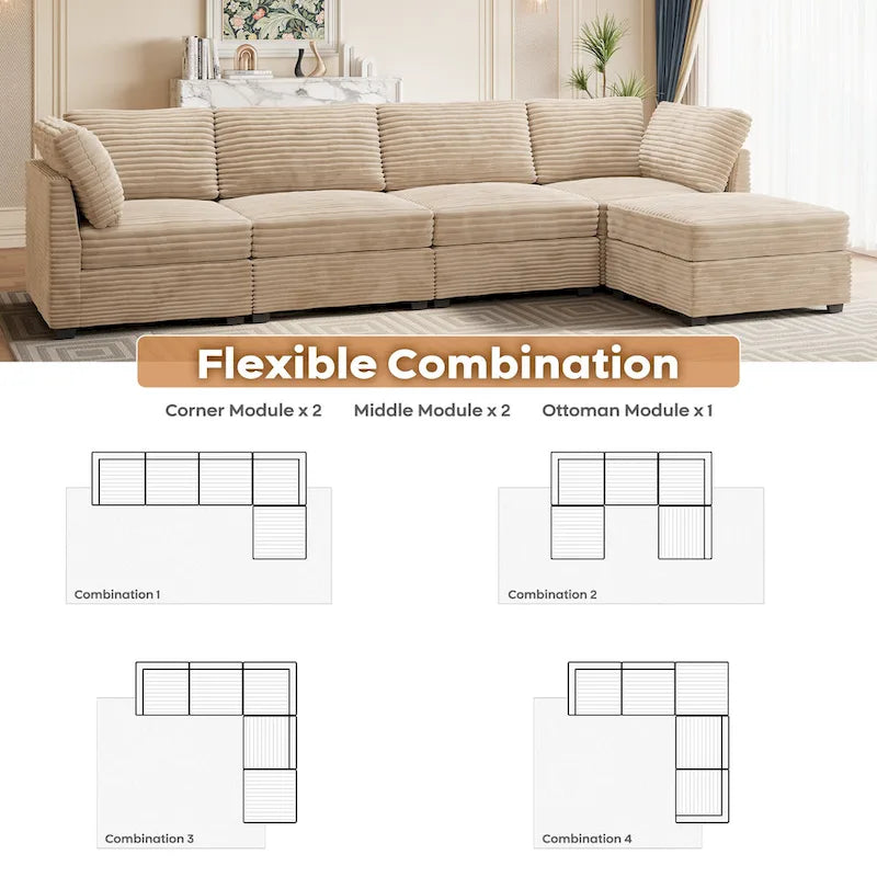 Canapé 3 places en velours gris/noir/beige à assise profonde avec ottoman