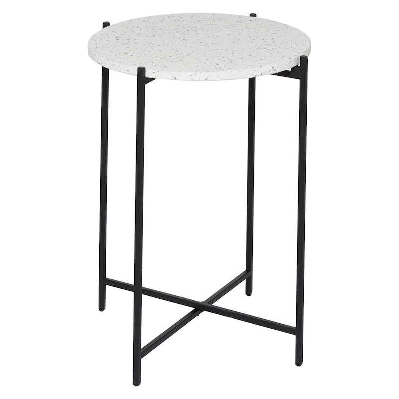 Table d'appoint ronde avec plateau en terrazzo blanc et pieds en métal noir, 1 personne