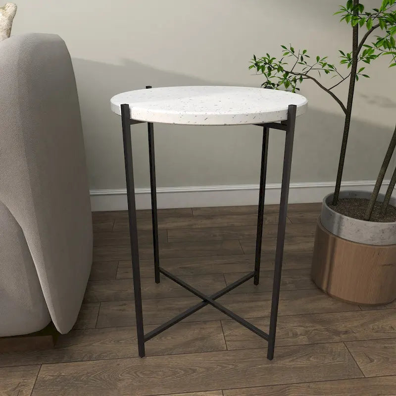 Table d'appoint ronde avec plateau en terrazzo blanc et pieds en métal noir, 1 personne