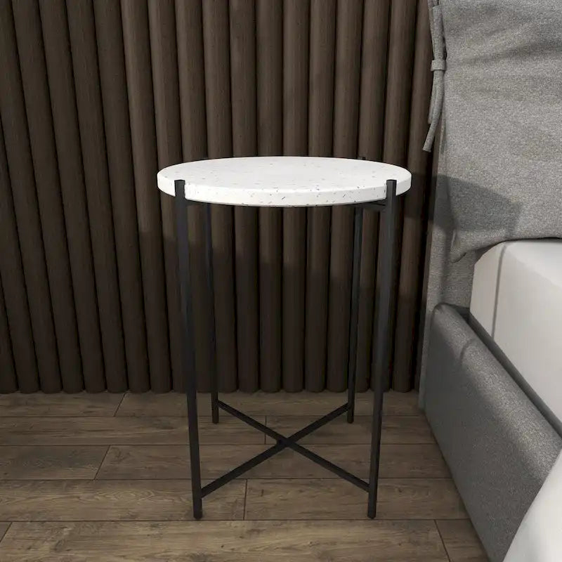 Table d'appoint ronde avec plateau en terrazzo blanc et pieds en métal noir, 1 personne