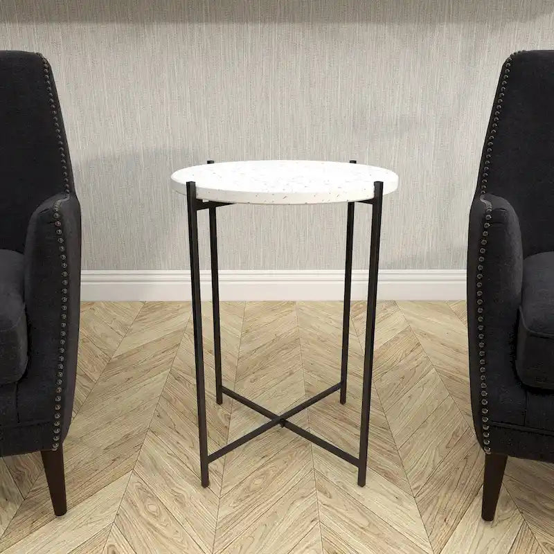 Table d'appoint ronde avec plateau en terrazzo blanc et pieds en métal noir, 1 personne