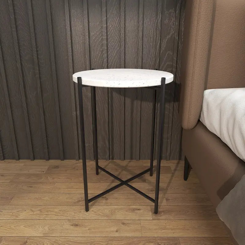 Table d'appoint ronde avec plateau en terrazzo blanc et pieds en métal noir, 1 personne