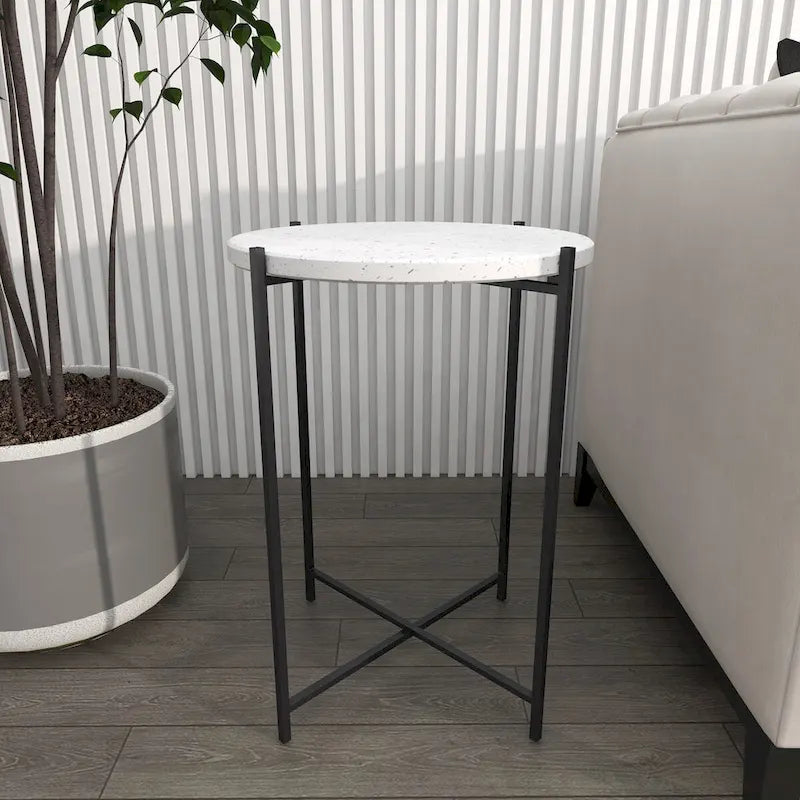 Table d'appoint ronde avec plateau en terrazzo blanc et pieds en métal noir, 1 personne