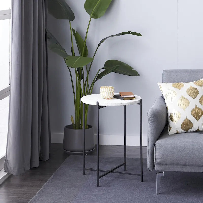 Table d'appoint ronde avec plateau en terrazzo blanc et pieds en métal noir, 1 personne