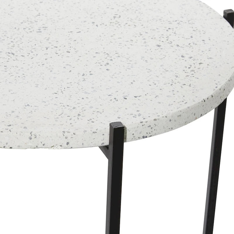Table d'appoint ronde avec plateau en terrazzo blanc et pieds en métal noir, 1 personne