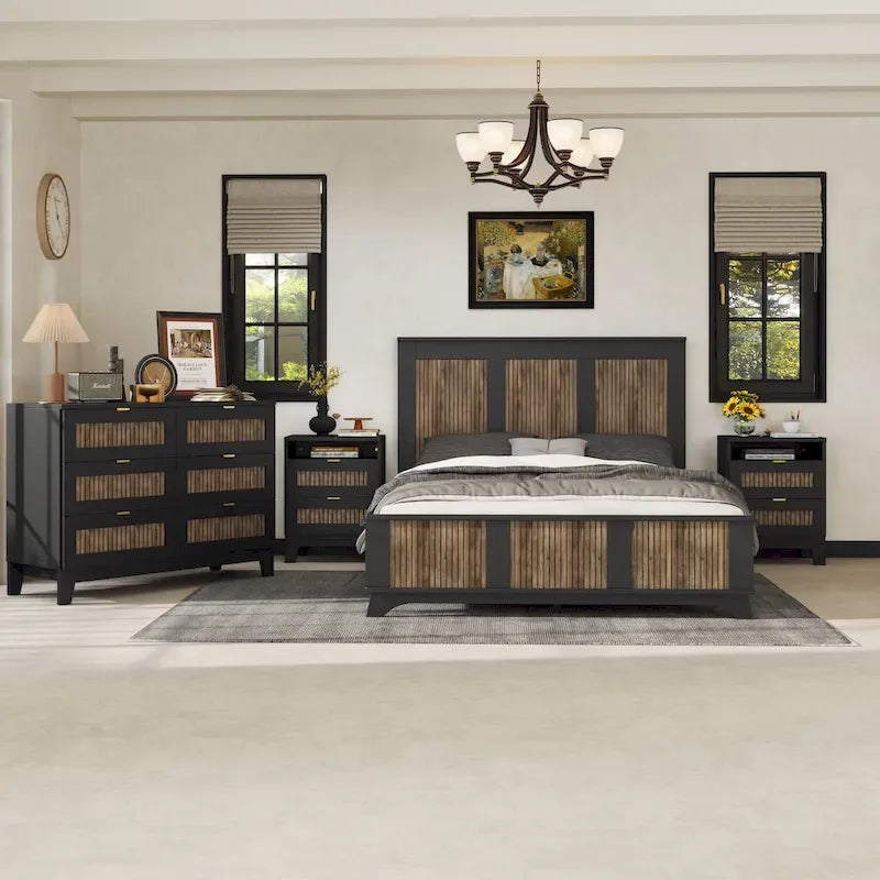 Ensemble de chambre 4 pièces lit Queen blanc/noir – Style ferme, pour 1-2 personnes