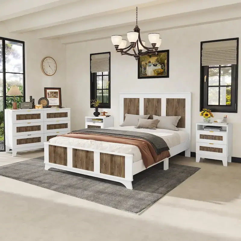 Ensemble de chambre 4 pièces lit Queen blanc/noir – Style ferme, pour 1-2 personnes
