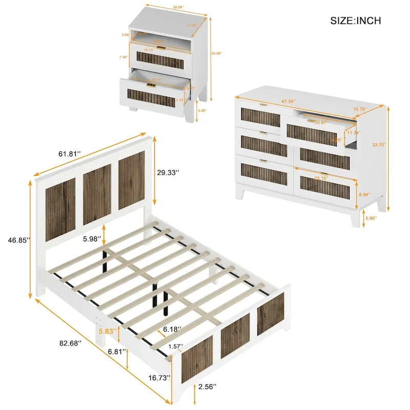Ensemble de chambre 4 pièces lit Queen blanc/noir – Style ferme, pour 1-2 personnes