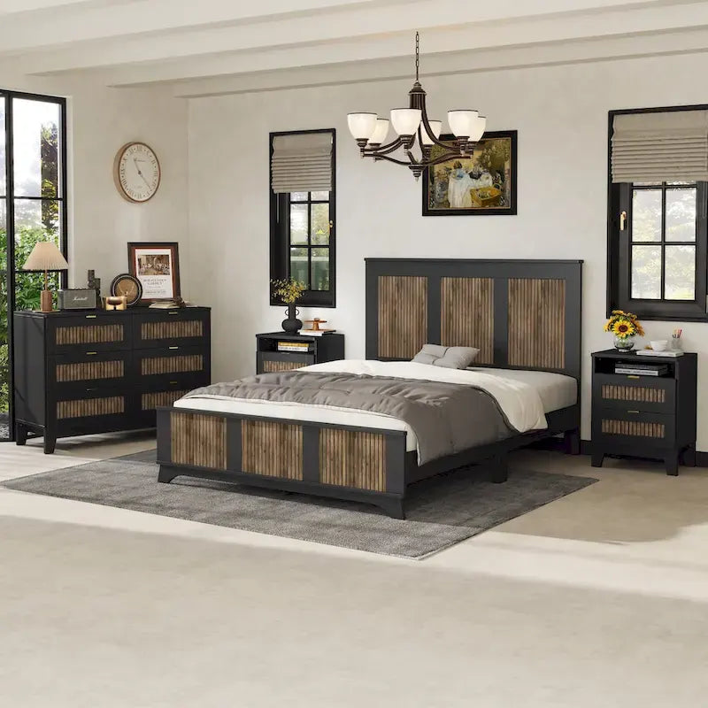 Ensemble de chambre 4 pièces lit Queen blanc/noir – Style ferme, pour 1-2 personnes