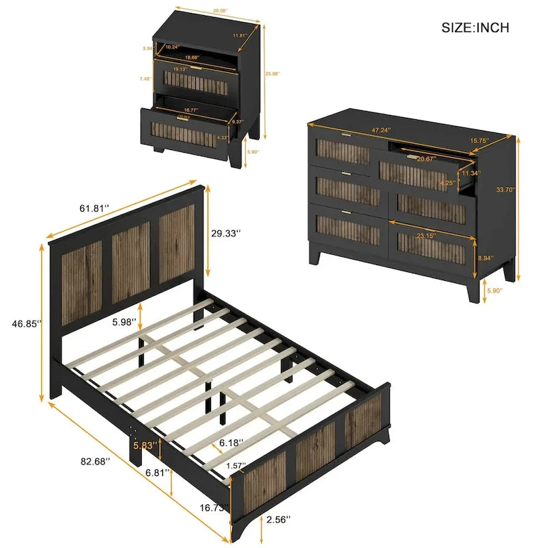 Ensemble de chambre 4 pièces lit Queen blanc/noir – Style ferme, pour 1-2 personnes