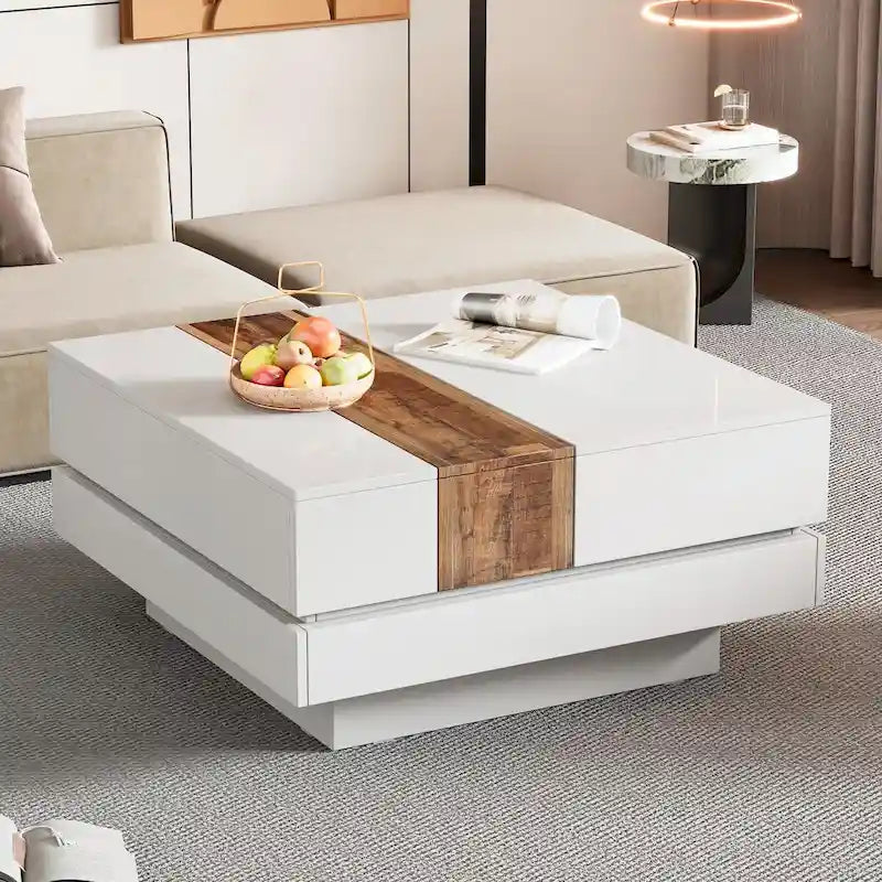 Table basse carrée blanche/noire avec plateau coulissant et rangement dissimulé