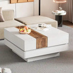 Table basse carrée blanche/noire avec plateau coulissant et rangement dissimulé