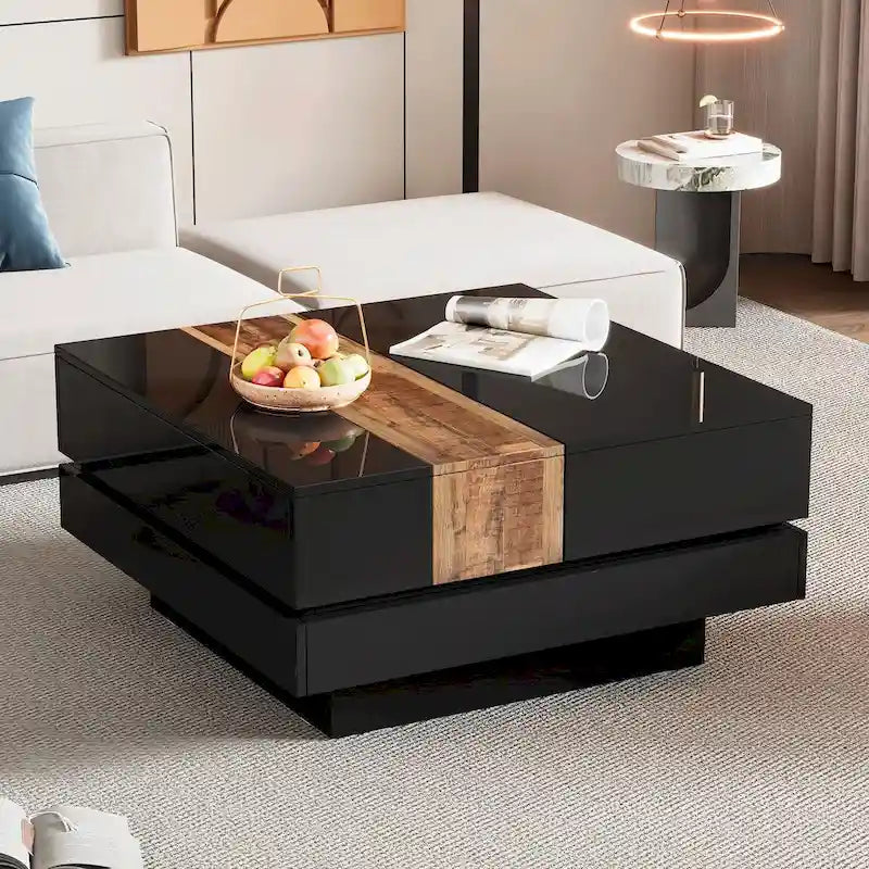 Table basse carrée blanche/noire avec plateau coulissant et rangement dissimulé