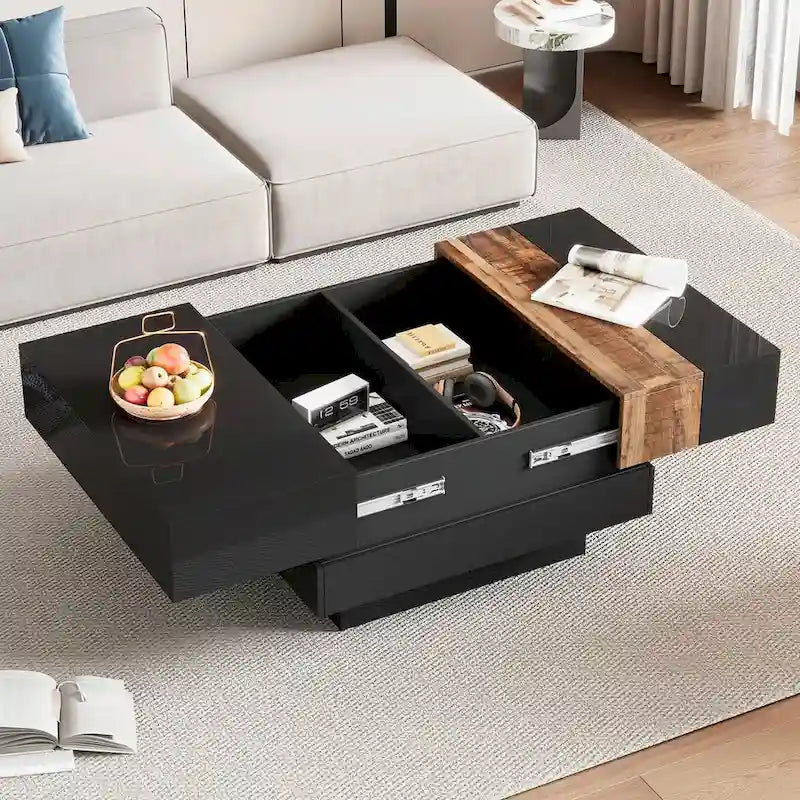 Table basse carrée blanche/noire avec plateau coulissant et rangement dissimulé
