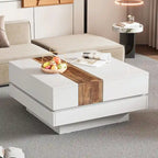 Table basse carrée blanche/noire avec plateau coulissant et rangement dissimulé