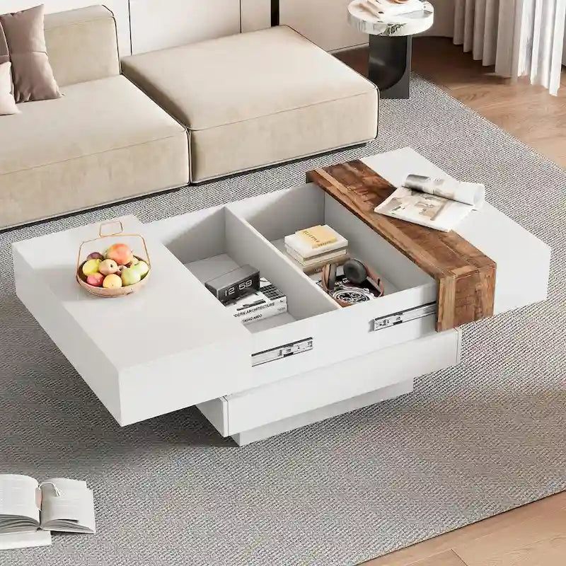 Table basse carrée blanche/noire avec plateau coulissant et rangement dissimulé