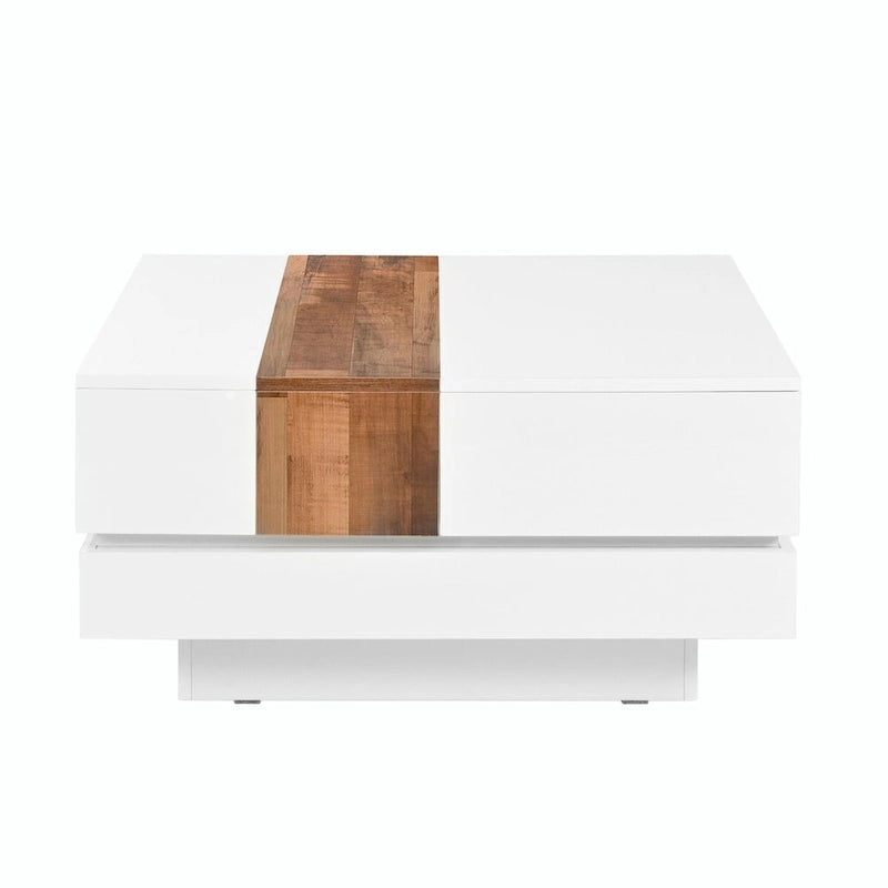 Table basse carrée blanche/noire avec plateau coulissant et rangement dissimulé