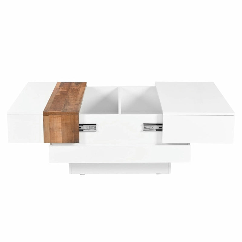 Table basse carrée blanche/noire avec plateau coulissant et rangement dissimulé