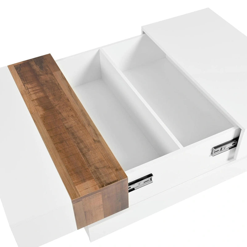 Table basse carrée blanche/noire avec plateau coulissant et rangement dissimulé