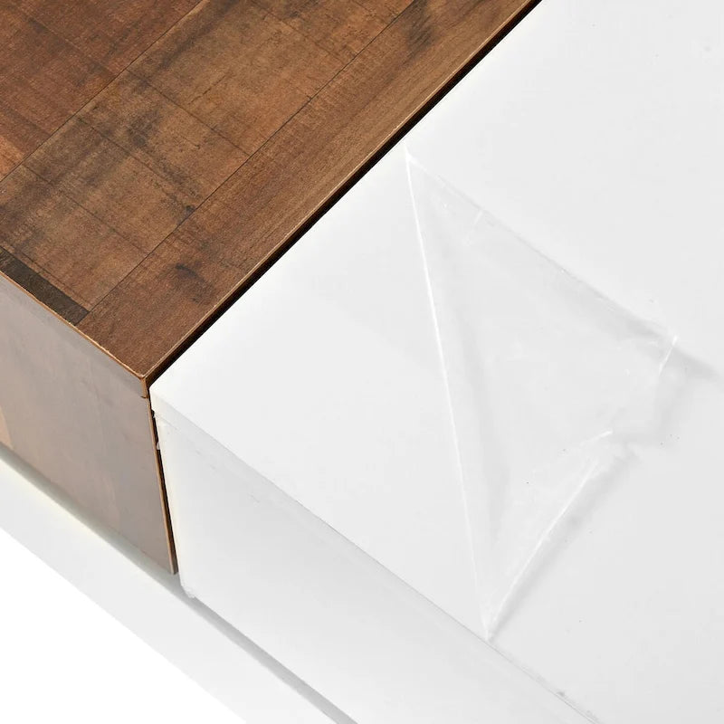 Table basse carrée blanche/noire avec plateau coulissant et rangement dissimulé