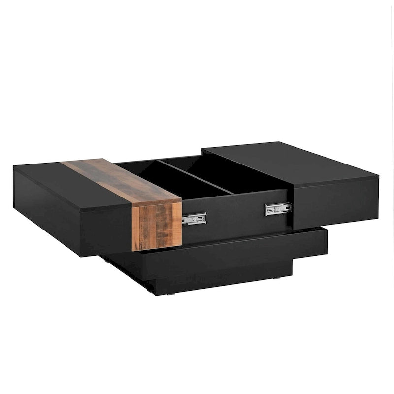 Table basse carrée blanche/noire avec plateau coulissant et rangement dissimulé