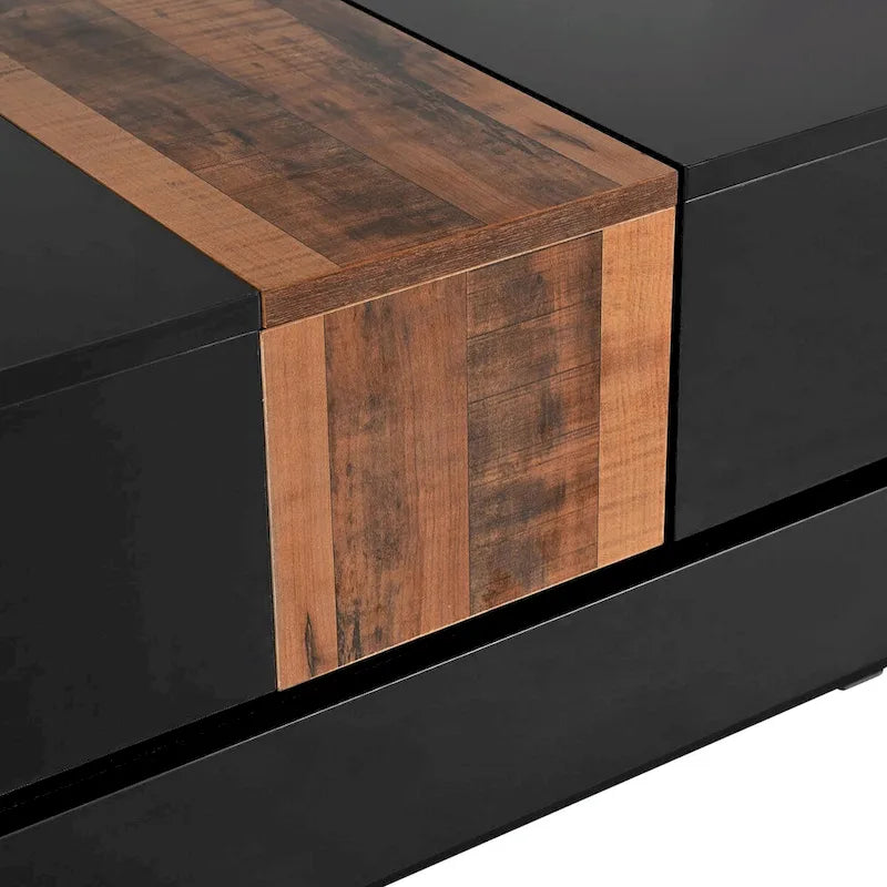 Table basse carrée blanche/noire avec plateau coulissant et rangement dissimulé