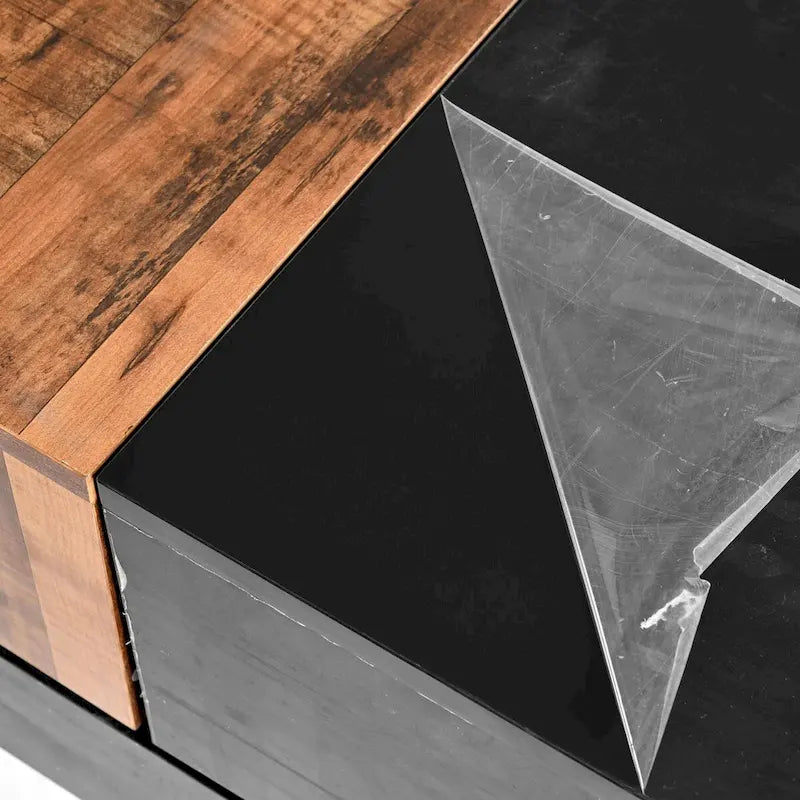 Table basse carrée blanche/noire avec plateau coulissant et rangement dissimulé