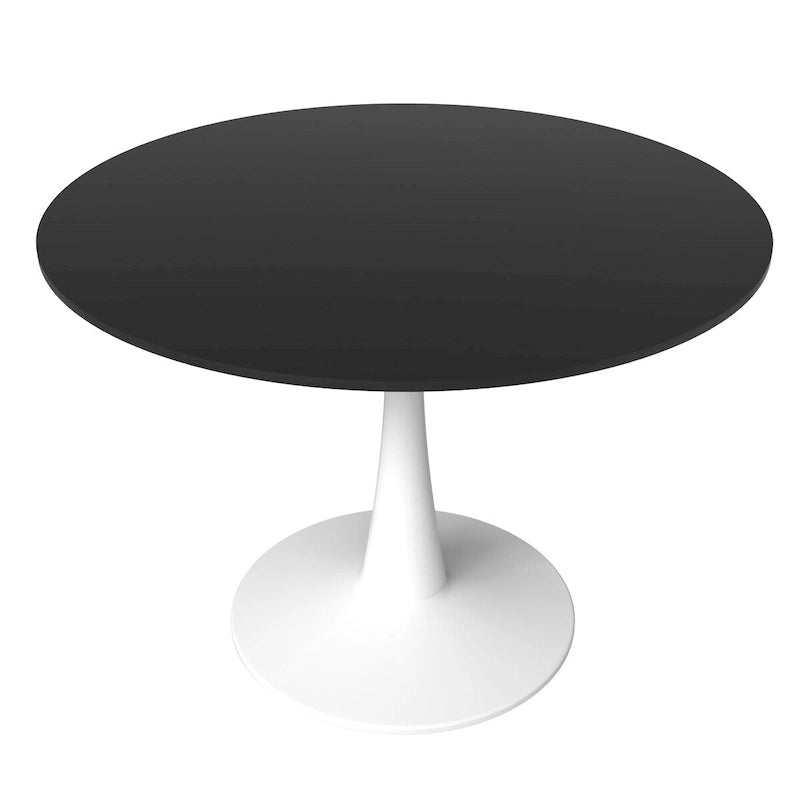 Table à manger ronde 4 places blanche / noire / blanche marbrée, style pied central Mid-Century
