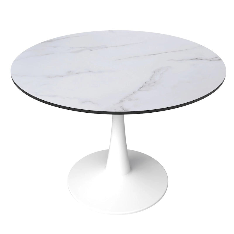 Table à manger ronde 4 places blanche / noire / blanche marbrée, style pied central Mid-Century