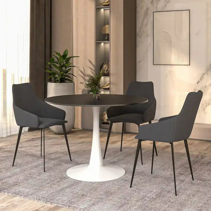 Table à manger ronde 4 places blanche / noire / blanche marbrée, style pied central Mid-Century