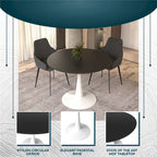 Table à manger ronde 4 places blanche / noire / blanche marbrée, style pied central Mid-Century