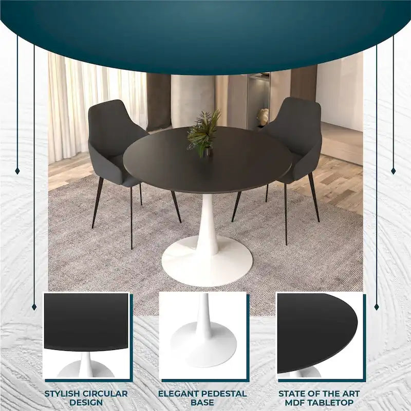 Table à manger ronde 4 places blanche / noire / blanche marbrée, style pied central Mid-Century