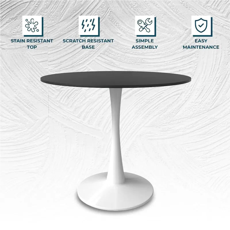Table à manger ronde 4 places blanche / noire / blanche marbrée, style pied central Mid-Century