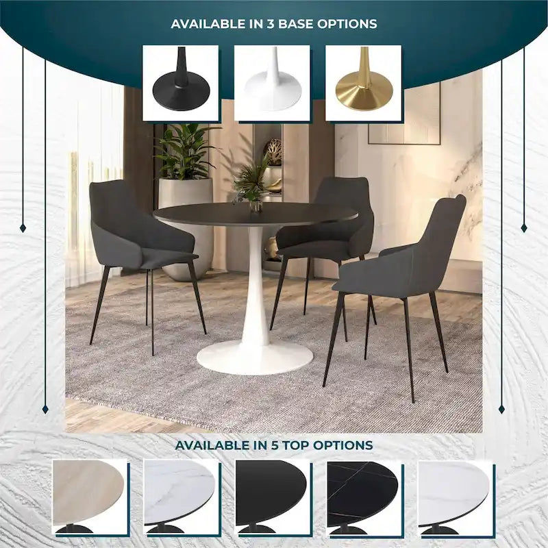 Table à manger ronde 4 places blanche / noire / blanche marbrée, style pied central Mid-Century