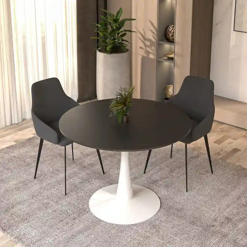 Table à manger ronde 4 places blanche / noire / blanche marbrée, style pied central Mid-Century