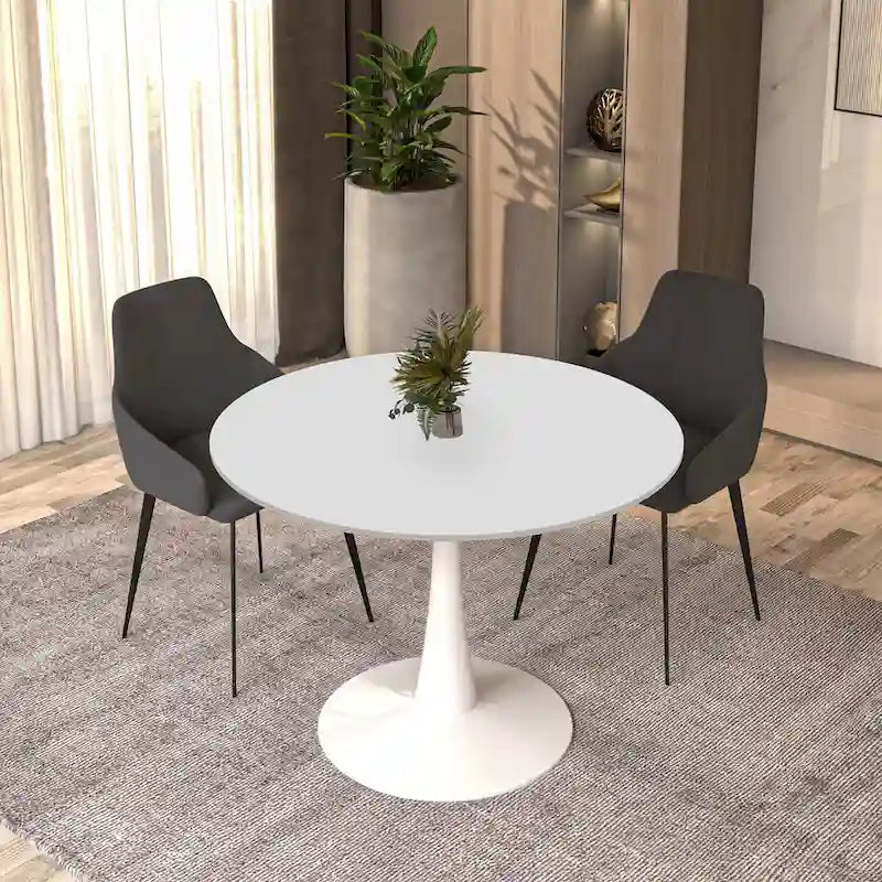 Table à manger ronde 4 places blanche / noire / blanche marbrée, style pied central Mid-Century