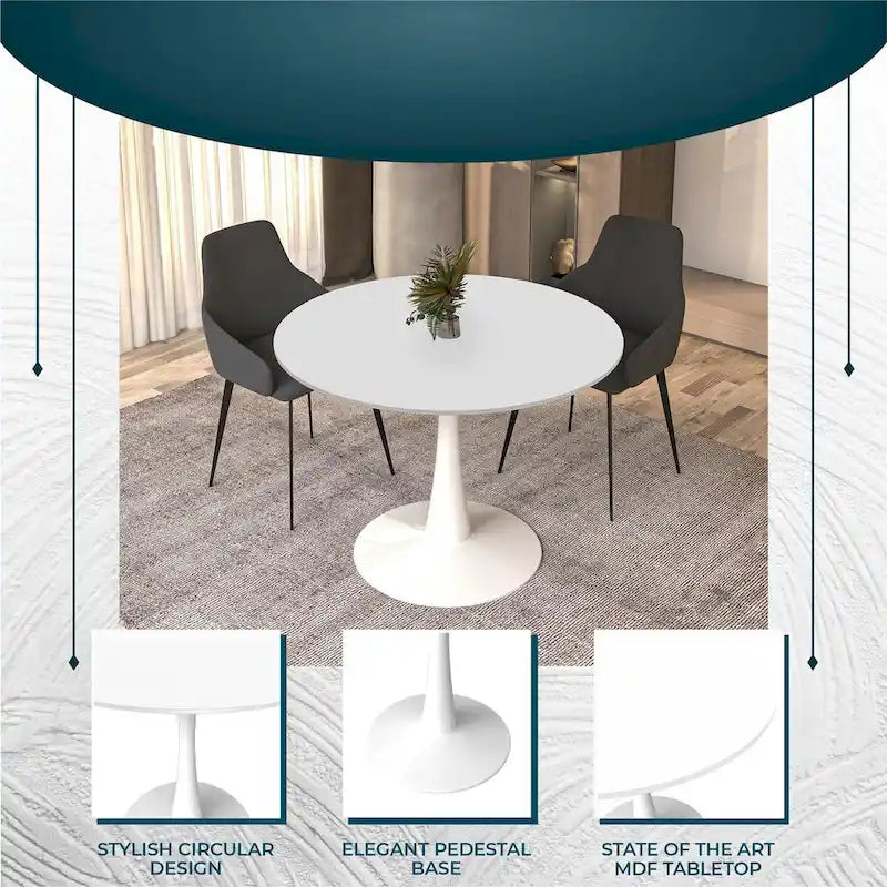 Table à manger ronde 4 places blanche / noire / blanche marbrée, style pied central Mid-Century