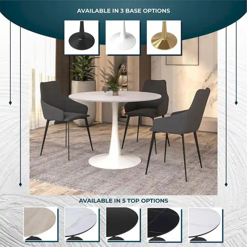 Table à manger ronde 4 places blanche / noire / blanche marbrée, style pied central Mid-Century
