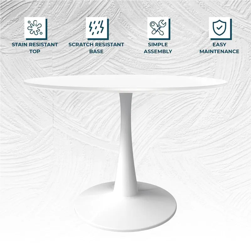 Table à manger ronde 4 places blanche / noire / blanche marbrée, style pied central Mid-Century