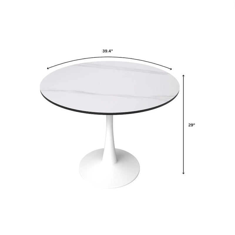 Table à manger ronde 4 places blanche / noire / blanche marbrée, style pied central Mid-Century
