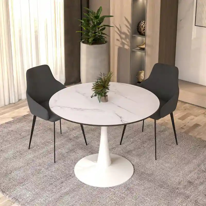 Table à manger ronde 4 places blanche / noire / blanche marbrée, style pied central Mid-Century