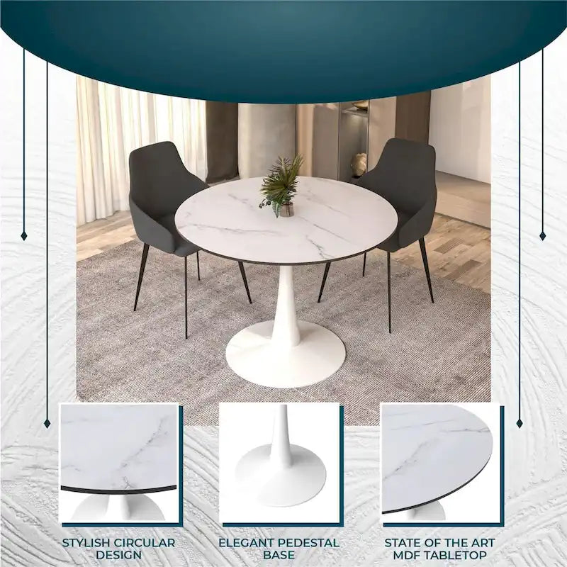 Table à manger ronde 4 places blanche / noire / blanche marbrée, style pied central Mid-Century