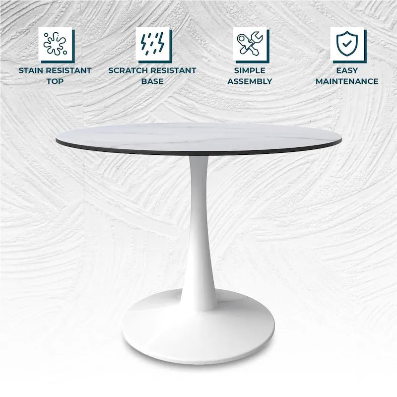 Table à manger ronde 4 places blanche / noire / blanche marbrée, style pied central Mid-Century