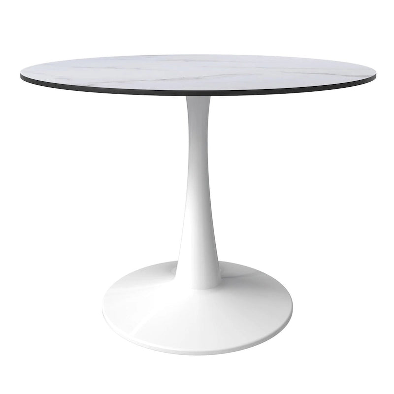 Table à manger ronde 4 places blanche / noire / blanche marbrée, style pied central Mid-Century
