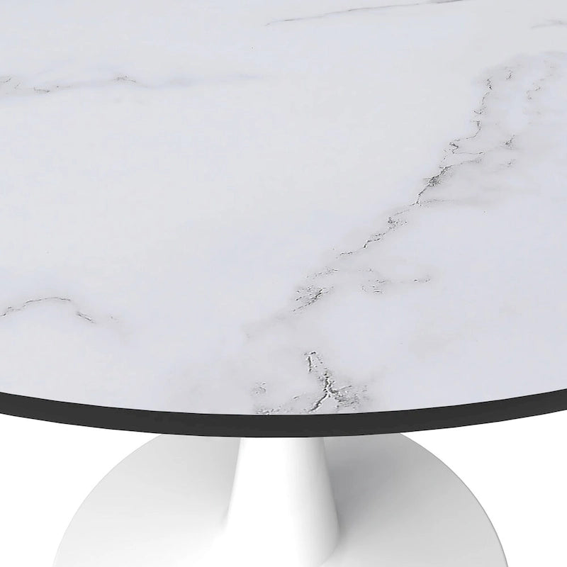 Table à manger ronde 4 places blanche / noire / blanche marbrée, style pied central Mid-Century