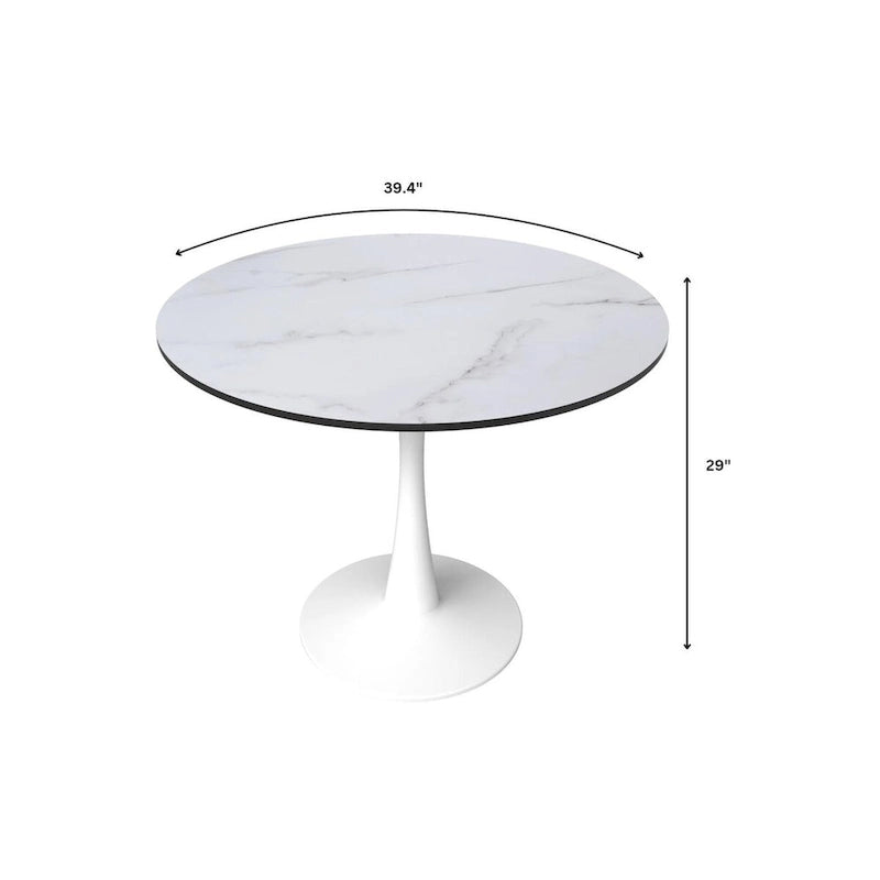Table à manger ronde 4 places blanche / noire / blanche marbrée, style pied central Mid-Century
